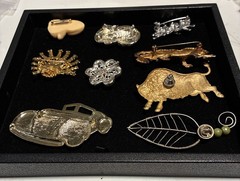 Vintage Pin Brooch Signed AJC Patchwork Cat plus Cats Turkey Flower etc. Lot