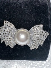 Vintage Judith Jack Sterling Silver 925 Marcasite and Faux Pearl Bow Brooch