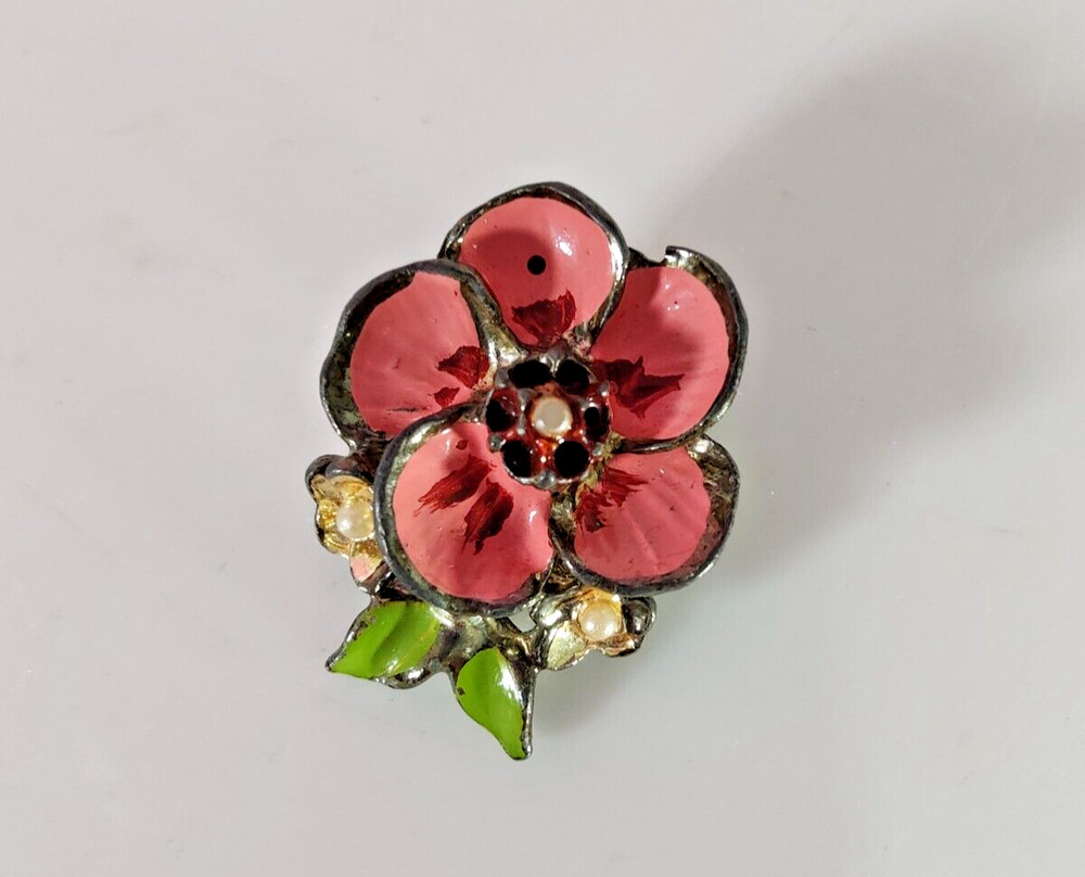Vintage Pink and Green Enamel Painted Silver Tone Metal Floral Brooch 1″ x 1″