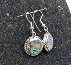 Vintage Abalone Round Circle Dangle Drop Pierced Earrings Silver Tone