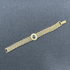 Vintage Gold Tone Watch Link Style Bracelet Center Blue Cabochon Rhinestones