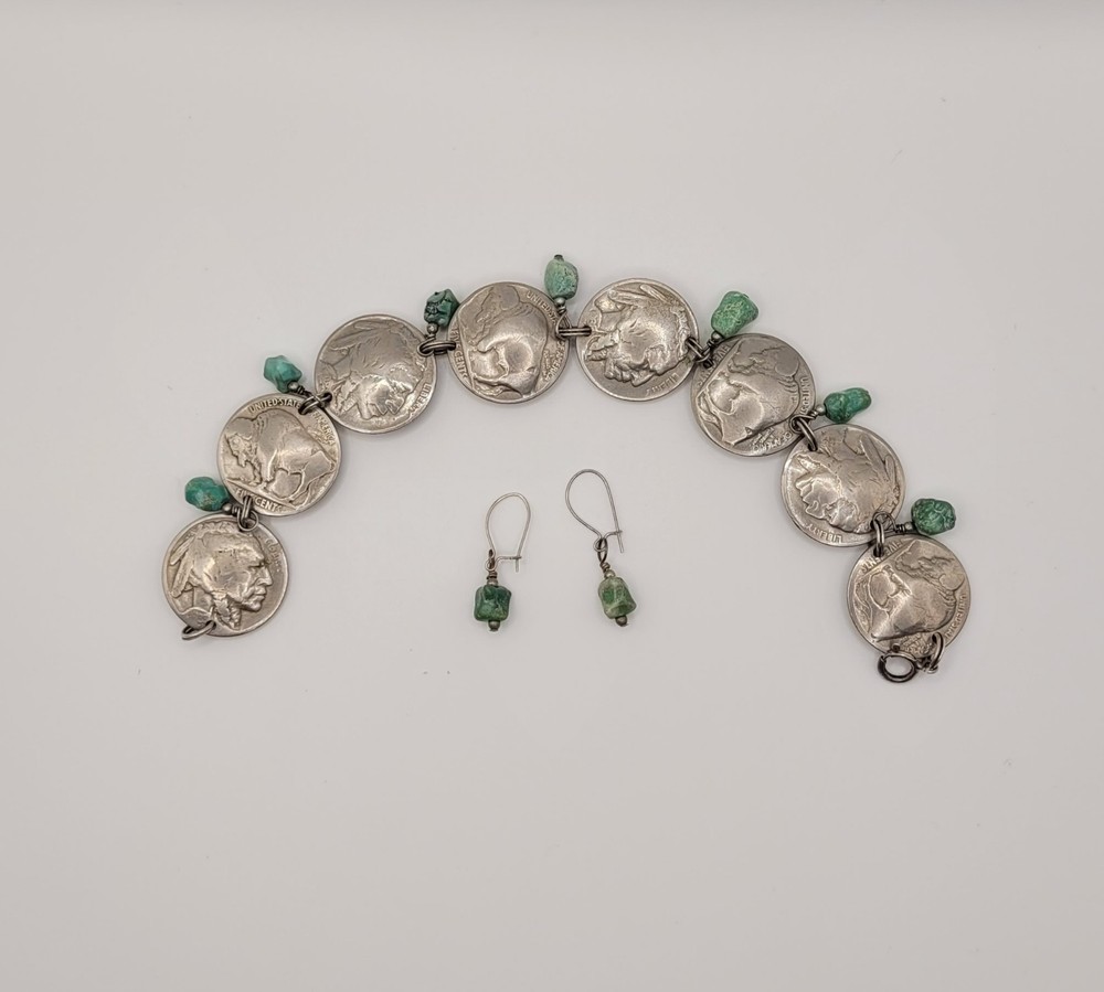 VINTAGE BUFFALO NICKEL AND TURQUOISE BRACELET WITH TURQUOISE EARRINGS