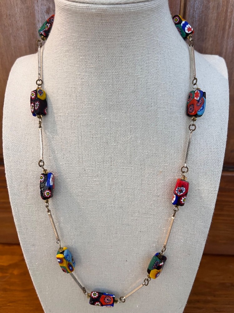 Rare Vtg Colorful Murano Millefiori Rectangular 5/8″ Bead Necklace Almost 23″L