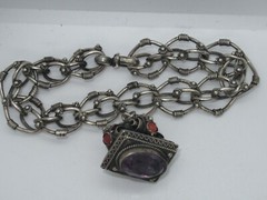 Vintage 800 Silver Etruscan Revival Coral Charm Bracelet Jewelry w/ Amethyst