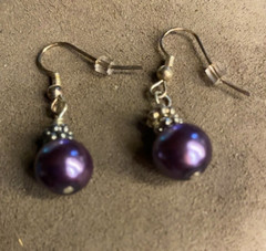 NOS Dark Purple Glass Bead Necklace 16″ & Pierced Dangle Earring Set