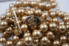 Vtg Signed CA MONOGRAM Three Strand GOLD TONE FAUX PEARL (9.5mm) Necklace 18”