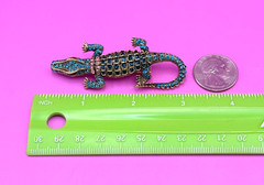 Gold Tone Blue & Pink Rhinestones Alligator Brooch Contemporary
