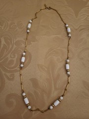 Direction One Branded Gold Tone And White Bead Necklace, 18″