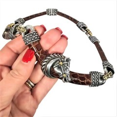Nancy and David, 18K Gold, Silver and Embossed Leather Equestrian Choker