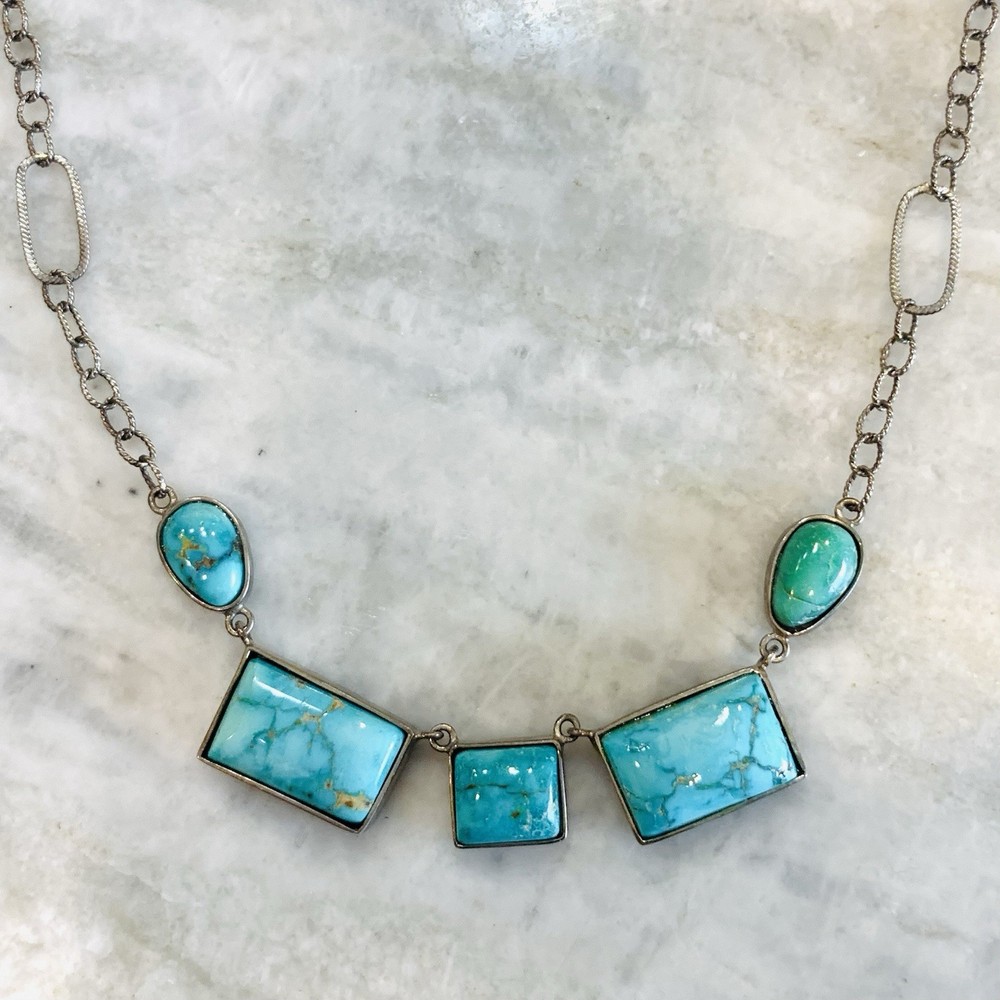 VTG Southwest Turquoise Necklace Sterling Silver Old Pawn Victorian 925 18” WOW