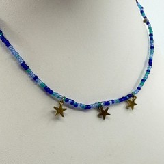 Blue Beaded Celestial Star Charm Necklace Boho Festival Layering Statement Gift