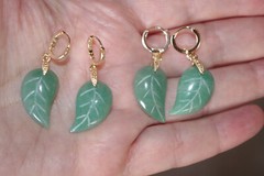 Vintage Genuine 14K GF Green Jadeite Jade Carved Leaf Hoop Earrings