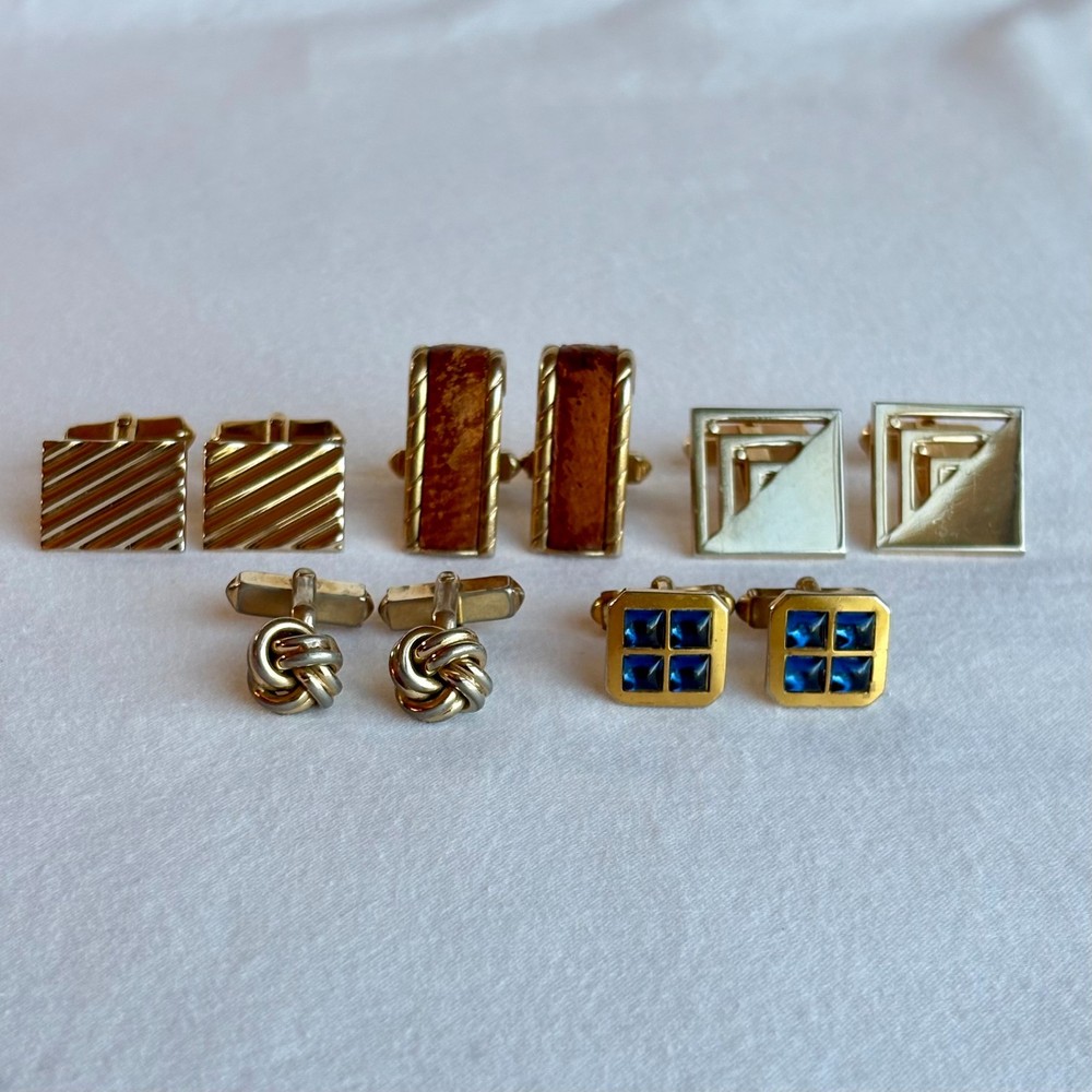 5 Pair SWANK Mid-century Vintage 1950s Cufflinks, Leather, Blue Glass, Love Knot