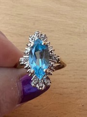 VINTAGE 10K YELLOW GOLD MARQUISE CUT BLUE TOPAZ AND DIAMONDS RING