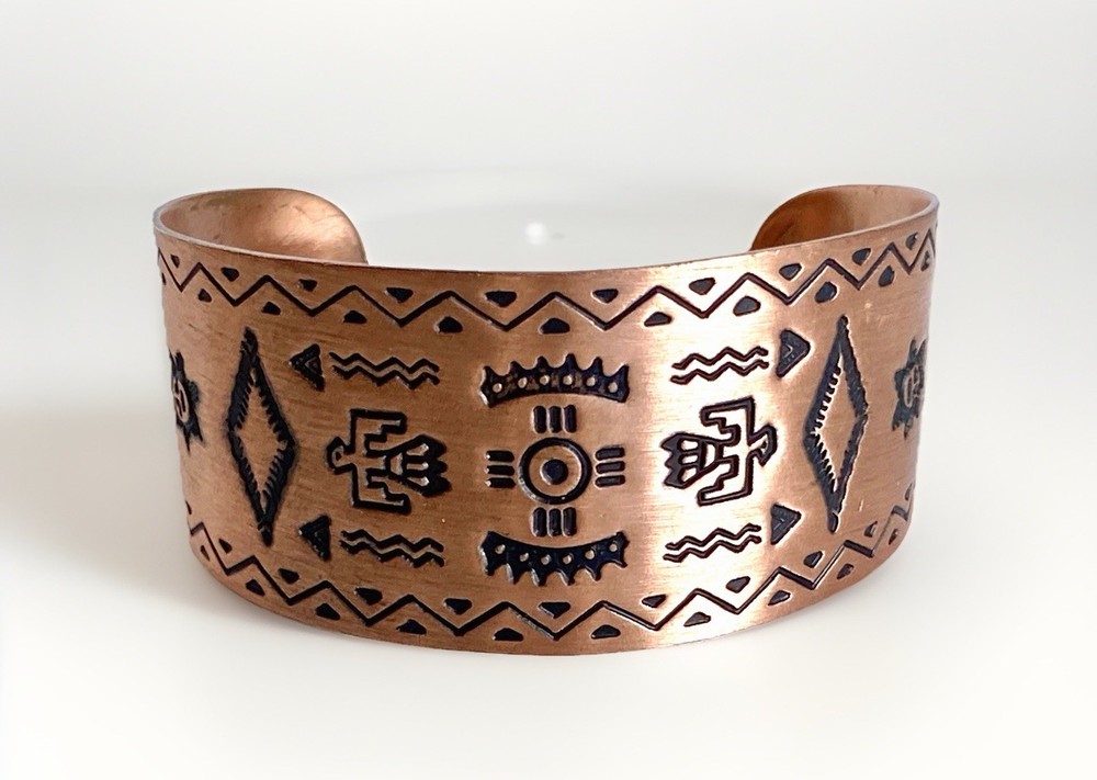Vintage Wheeler Mfg Co Solid Copper Southwestern Cuff Bracelet 7-1/2″ Adjustable