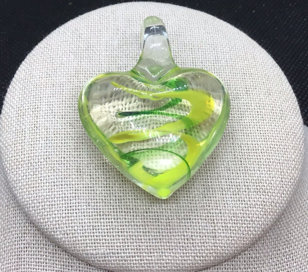 Vintage Costume Green/Yellow & Clear Murano Glass Heart Pendant H836