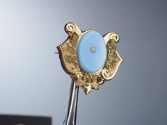 Antique gold brooch blue opaline glass hollow pin tube hinge C-clasp jewelry
