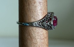 Antique Art Deco 14K ADR White Gold Synthetic Ruby Filigree Marquise Ring Sz 6.5