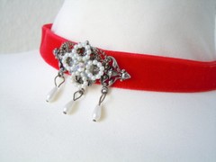 Vintage Choker Necklace Tracht Dirndl Velvet Red Imitation Pearls 33 – 39 Cm
