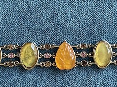Vintage Opalescent Leaf Bracelet Gold Tone Rhinestone Amber Glass Art Nouveau