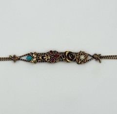 Vtg Goldette Sliding Charm Bracelet Goldtone Gemstone 7″ Bug Fleur De Lis Star