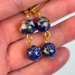 Vintage Cloisonne Drop Earrings Blue Floral Boho Cottagecore Whimsygoth Jewelry