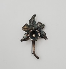 VTG Sterling Silver Orchid Flower Brooch 2in Faux Pearl Center Patina Estate