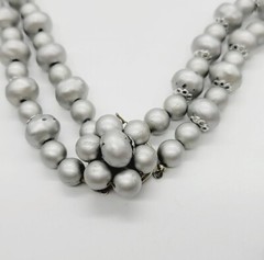 Layered Necklace Matte Silver tone Beaded 2 Row Flower Clasp Vintage 22 in