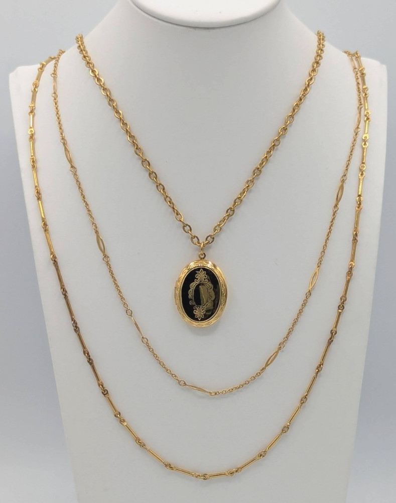 Vintage Gold Tone Multi Chain Locket Necklace Layered MCM Photo Pendant 24″