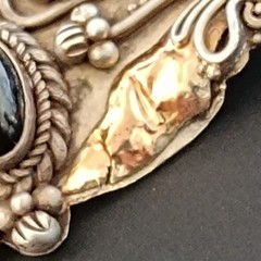 Vintage Silver 22K Gold Brooch Black Stone Floral Romantic Art Nouveau Revival
