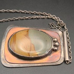 Vintage Artisan Sterling Silver Picture Landscape Jasper Oval Pendant Necklace O