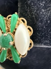 Vintage Rare White And Green Cabochon Clip On Earrings Set In Gold Tone