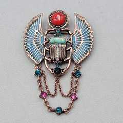 Egyptian Revival Scarab Brooch Copper tone Dangel Chains