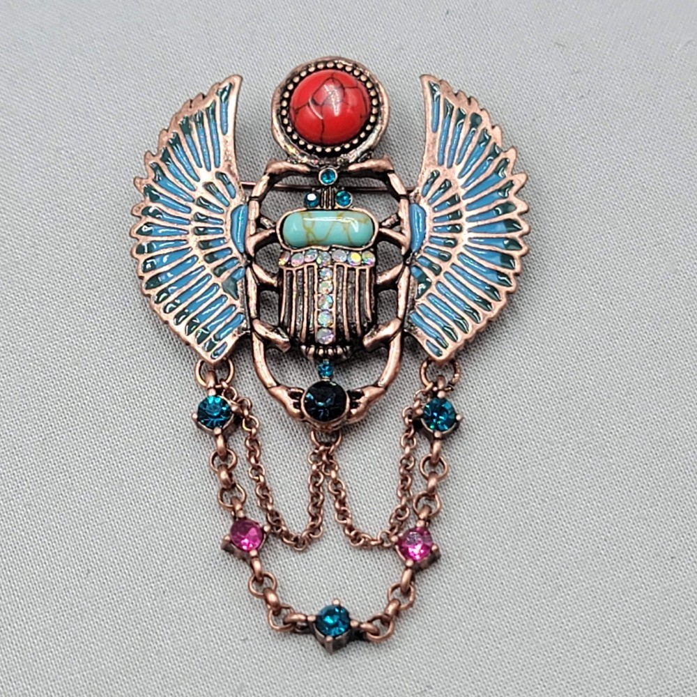 Egyptian Revival Scarab Brooch Copper tone Dangel Chains