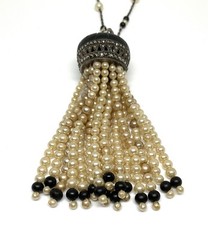 Vintage Art Deco Flapper Faux Pearl Marcacite Tassel 32” Sterling Necklace