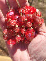 SALE! VINTAGE VENETIAN ITALY COIN RED PINK ROSES GOLD ART GLASS KNOT NECKLACE XL