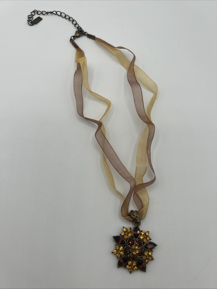 1928 Brand NECKLACE Bronze Colored Metal With Brown & Yellow Stones Sheer Ribbon