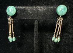 Vintage Green Peking Glass Dangle Earrings gold tone Screw Back signed Marathon