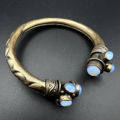 Vintage Brass Open Bangle Cuff Bracelet Blue Opalite Cabochons Boho Tribal