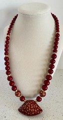 Vintage Japanese Tensha Necklace Hand-painted Beads Burgundy Gold Signed Japan