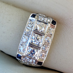 Original EARTH MINED DIAMOND Deco Statement Ring PLATINUM Sapphire 14K GOLD Band