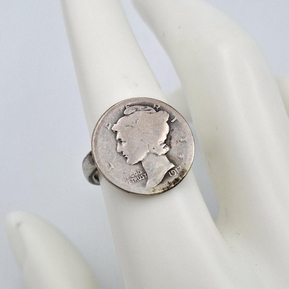 Vintage 900 Coin Silver 1917 D Mercury Dime 10C Homemade Coin Ring Size 7