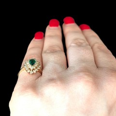 Vintage Pear Cut Emerald Diamond 14k Yellow Gold Double Halo Ring Engagement