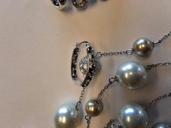 Heavy Faux Pearl Rhinestone Disco Ball Necklace, JCM Brass Earrings, Brooch