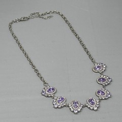 Purple Glass Rhinestone Necklace Silver Tone Links Teardrops Party Glam 20″