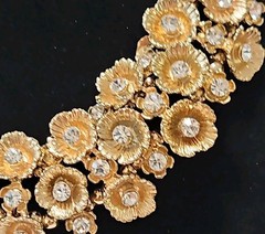 Vintage Statement Runway Collar Necklace Featuring Gold Tone Floral Rhinestones