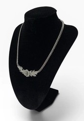 Vintage Silvertone Oak Leaf Rhinestone Necklace Gray Faux Pearl Collar Choker