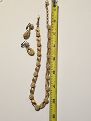 Vintage Crown Trifari Gold Tone Faux Pearl Birthday Ribbon Necklace Earrings Set