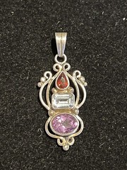 Vintage 925 STERLING SILVER Genuine Multi Gemstone Statement PENDANT 1.5 Inches