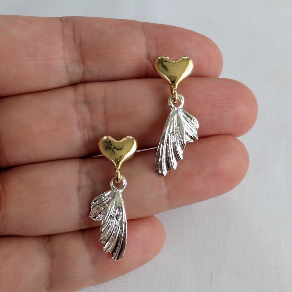 Estate Vintage 2 Tone Gold Heart + Silver Butterfly Or Fairy Wings 1.25″ Drop